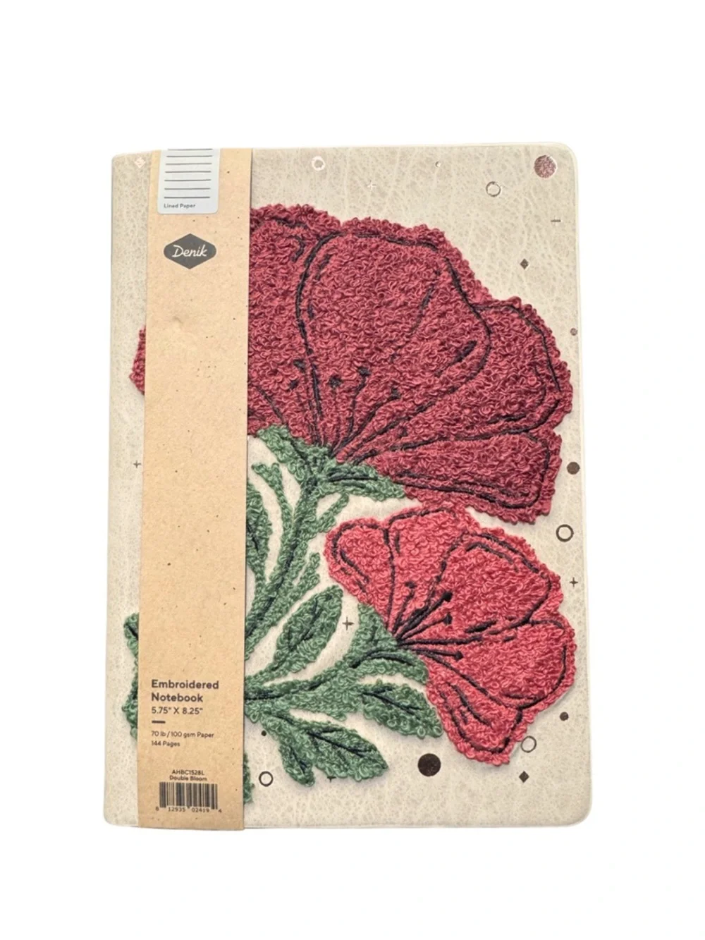 Denik Embroidered Floral Notebook Red & Green 5.75” X 8.25” 144 Lined Pages NEW